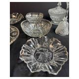 Collection of Vintage Pressed Glass Decorative Dishes and Bell