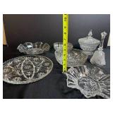 Collection of Vintage Pressed Glass Decorative Dishes and Bell