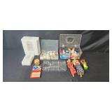 Collection of Vintage Dolls, Doll Clothes, Embroidery Thread, and Threshold Bedding