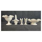 Set of 5 Fenton Hobnail Milk Glass Vases and Basket