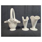Set of 5 Fenton Hobnail Milk Glass Vases and Basket