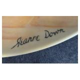 Kitchen Decor Lot with Watermelon Pitcher, Glass Cake Stand, and 2 Jeanne Down Collector Plates