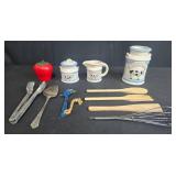 Vintage Cow-Themed Ceramic Kitchen Set with Utensils and Strawberry Timer