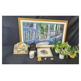 Home Decor Collection with Framed Porch Print, Faux Plants, Candle, and Figurines