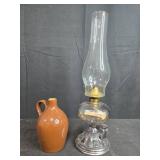 Antique Glass Oil Lamp and Small Brown Crock Jug