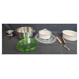 Kitchenware Set with Stainless Pot, Depression Glass Dishes (one Green), Ceramic Bakeware, and Utensils