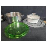Kitchenware Set with Stainless Pot, Depression Glass Dishes (one Green), Ceramic Bakeware, and Utensils
