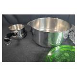 Kitchenware Set with Stainless Pot, Depression Glass Dishes (one Green), Ceramic Bakeware, and Utensils