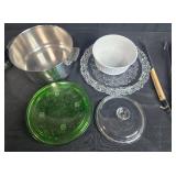 Kitchenware Set with Stainless Pot, Depression Glass Dishes (one Green), Ceramic Bakeware, and Utensils