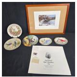 Bird Collector Plates and Framed 1983 Quail Research Stamp Print Set