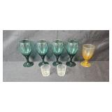 Set of 4 Green Glass Goblets, 1 Amber Goblet, and 2 Small Clear Glasses