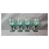 Set of 4 Green Glass Goblets, 1 Amber Goblet, and 2 Small Clear Glasses