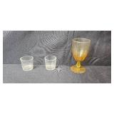 Set of 4 Green Glass Goblets, 1 Amber Goblet, and 2 Small Clear Glasses