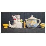 Collection of Decorative Teapots, Miniature Bird Cups, and Statuette Inc VTG Porcelier & Pottery Barn