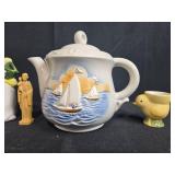 Collection of Decorative Teapots, Miniature Bird Cups, and Statuette Inc VTG Porcelier & Pottery Barn