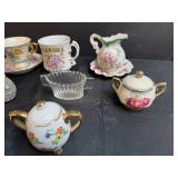 Collection of Vintage Miniature China Creamers, Cups, Sugar Bowls, and Glass Dishes Inc Norcrest