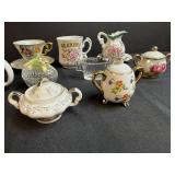 Collection of Vintage Miniature China Creamers, Cups, Sugar Bowls, and Glass Dishes Inc Norcrest