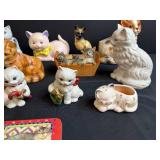 Collection of Cat Figurines and Decorative Tin