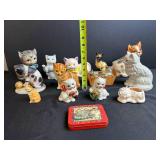Collection of Cat Figurines and Decorative Tin