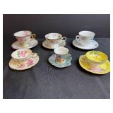 Set of 6 Vintage Porcelain Teacups and Saucers with Floral Designs Inc Belleek