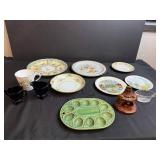 Vintage Decorative Plates, Egg Tray, Cups and Collectibles Lot