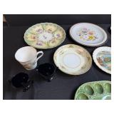Vintage Decorative Plates, Egg Tray, Cups and Collectibles Lot