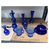 Collection of Cobalt Blue Glass Vases, Pitchers, and Tableware