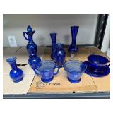 Collection of Cobalt Blue Glass Vases, Pitchers, and Tableware