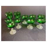 Set of Vintage Green Glass Goblets and Sherbet Cups with Hobnail Pattern Base