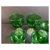 Set of Vintage Green Glass Goblets and Sherbet Cups with Hobnail Pattern Base