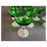 Set of Vintage Green Glass Goblets and Sherbet Cups with Hobnail Pattern Base