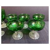 Set of Vintage Green Glass Goblets and Sherbet Cups with Hobnail Pattern Base