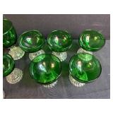 Set of Vintage Green Glass Goblets and Sherbet Cups with Hobnail Pattern Base