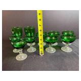 Set of Vintage Green Glass Goblets and Sherbet Cups with Hobnail Pattern Base