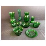 Set of Green Vintage Glass Vases and Bowls with Saucers