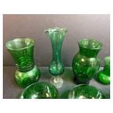 Set of Green Vintage Glass Vases and Bowls with Saucers