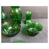 Set of Green Vintage Glass Vases and Bowls with Saucers