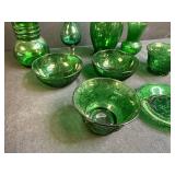 Set of Green Vintage Glass Vases and Bowls with Saucers