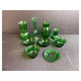 Set of Green Vintage Glass Vases and Bowls with Saucers