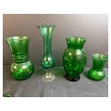 Set of Green Vintage Glass Vases and Bowls with Saucers