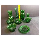 Set of Green Vintage Glass Vases and Bowls with Saucers