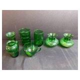 Collection of Vintage Green Glass Miniature Vases, Tumblers, and Cup