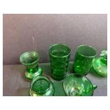 Collection of Vintage Green Glass Miniature Vases, Tumblers, and Cup