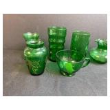 Collection of Vintage Green Glass Miniature Vases, Tumblers, and Cup