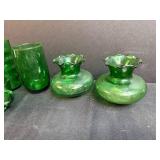 Collection of Vintage Green Glass Miniature Vases, Tumblers, and Cup