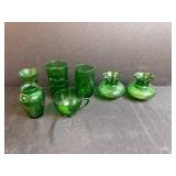 Collection of Vintage Green Glass Miniature Vases, Tumblers, and Cup