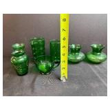 Collection of Vintage Green Glass Miniature Vases, Tumblers, and Cup