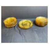 Set of Amber Depression Glass Plates & Saucers with Floral Pattern