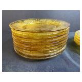 Set of Amber Depression Glass Plates & Saucers with Floral Pattern