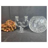 Halloween and Autumn Decor Set with Light-Up Jack-O-Lantern, Glass Candleholder, and Crystal Bowl